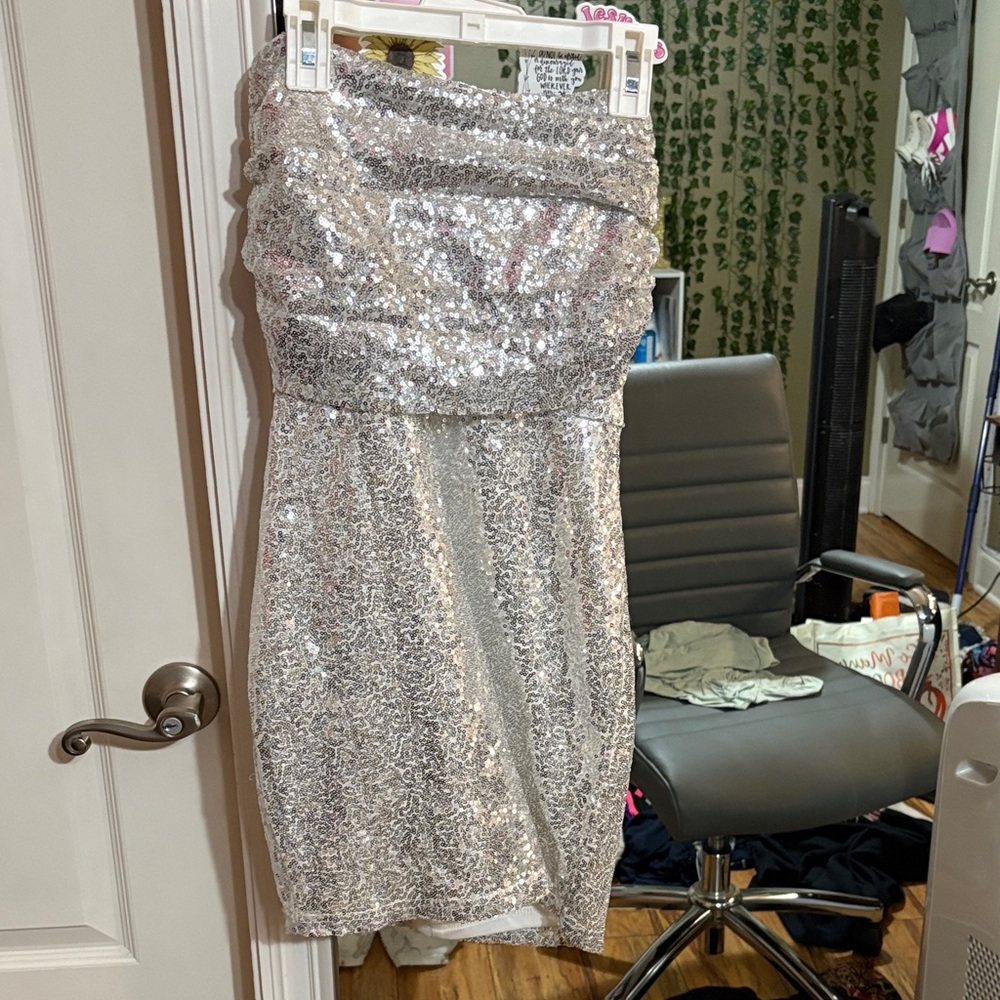 Blue Blush One Shoulder Silver Sequin Dress